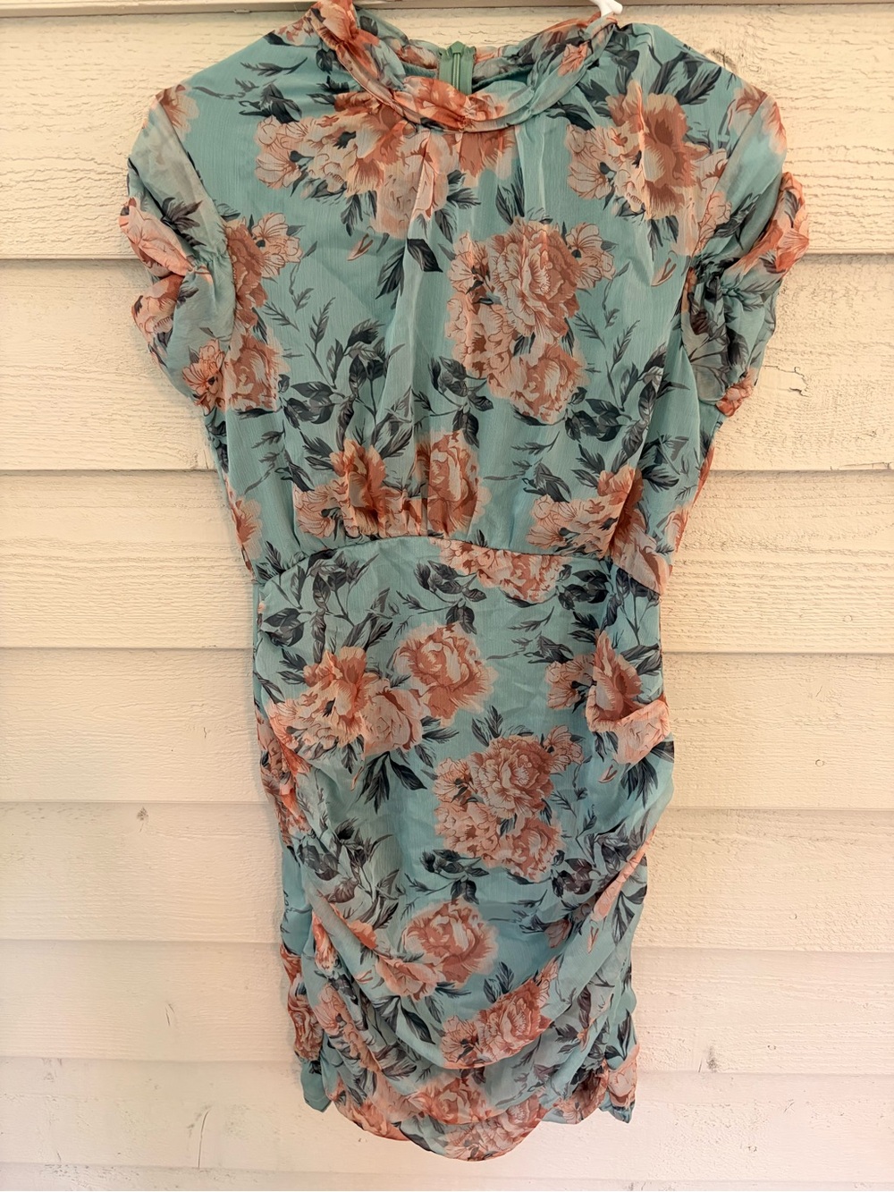 High-Neck Floral Midi Dress in Teal and Peach - Picture 2 of 4